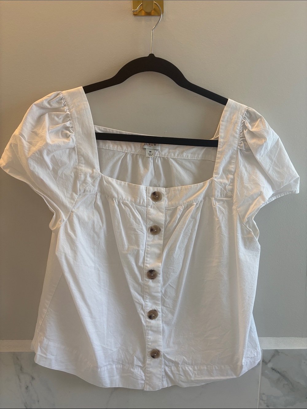J. Crew White Square-Neck Button-Front Puff Sleeve Top